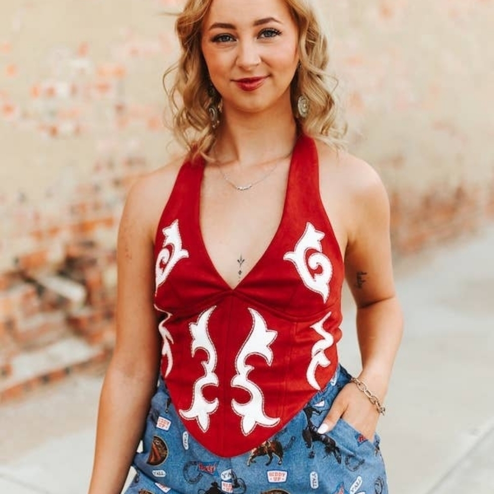 NWT Red Ivory Contrast Boot-Stitch Fabric Halter Top